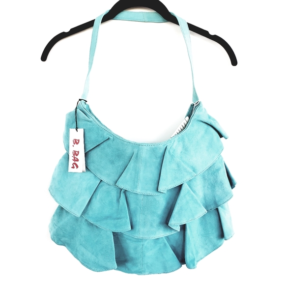 B. Bag Handbags - B. BAG Suede / Leather Aqua Blue Ruffled Bag